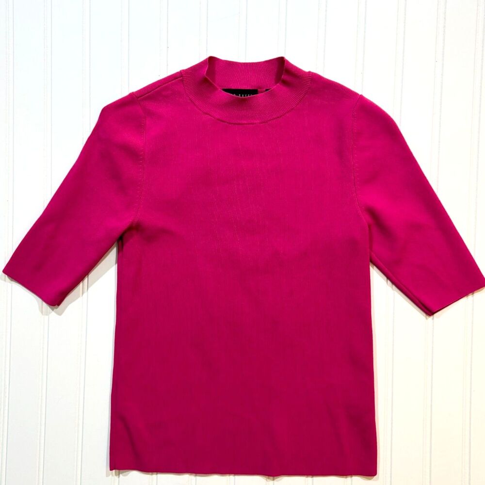Fuchsia Mock Neck Elbow Sleeve Ribbed Knit Sweater Fall Transition Top Size 2